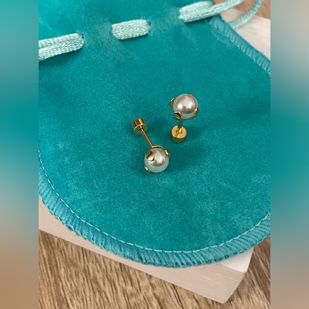 18k Plated- 16 gauge Faux Pearl Flat Back Earring Studs NWT